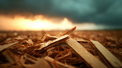 Fototapeta premium Wood Chips Scattered on Field at Sunset Under Stormy Sky