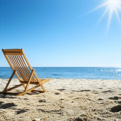 Wooden Beach Chair on Sandy Shore under Bright Sunny Sky