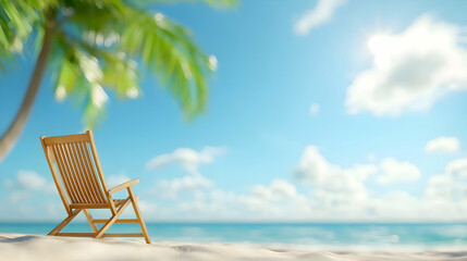 Wooden Beach Chair Under Palm Tree on Sandy Shore
