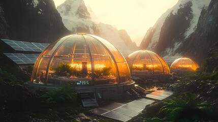 The first human colony on Mars. Transparent bio-domes contain lush greenery. Fields of solar panels extend to the red horizon. 8K Ultra-HD cinematic realism, volumetric lighting, sci-fi perfection