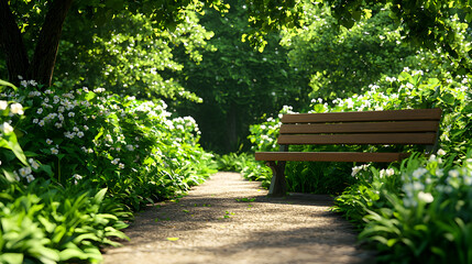 Obraz premium Wooden Bench on a Path in a Sunlit Garden