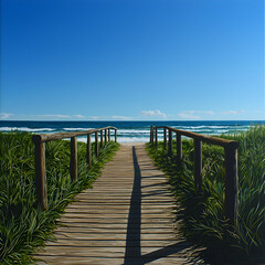 Obraz premium Wooden Boardwalk Leading to a Sandy Beach and Blue Ocean