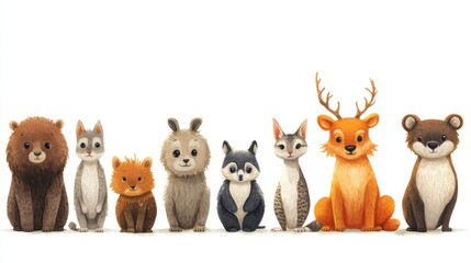 Fototapeta premium Row of Varied Wild Animals Pixel Art Style on White Background Illustration