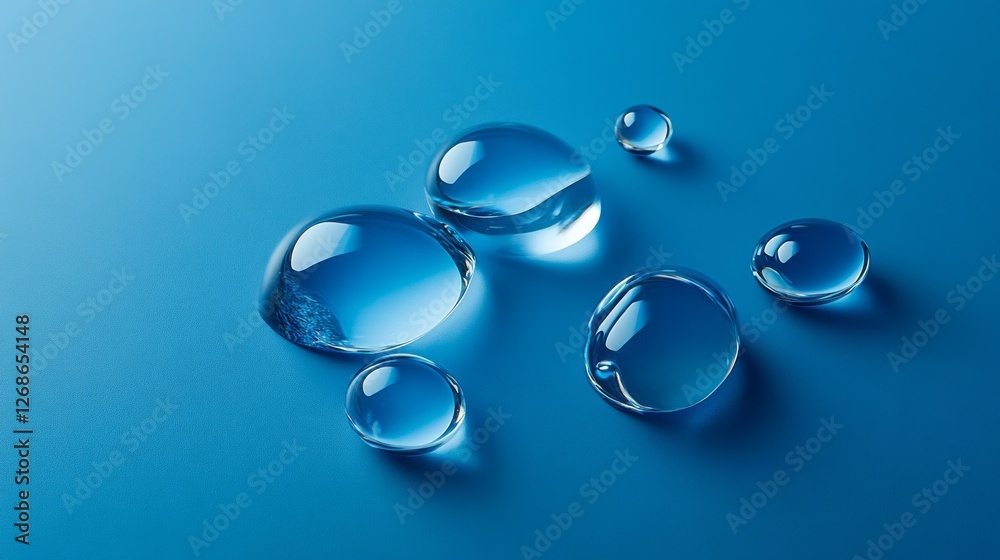 Poster Radiant water droplets of varying sizes rest lightly on a smooth azure surface, capturing the ambient light beautifully. Their reflections create a mesmerizing display of nature’s artistry