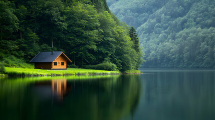 Fototapeta premium Wooden Cabin by a Tranquil Lake in a Lush Forest