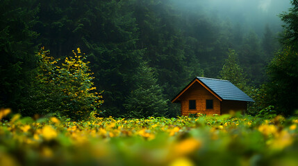 Fototapeta premium Wooden Cabin in a Foggy Forest Meadow