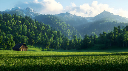 Fototapeta premium Wooden Cabin in Lush Green Field with Mountain Background