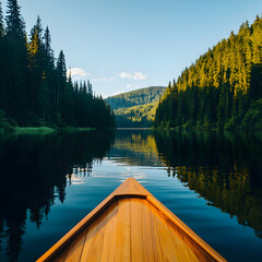 Obraz premium Wooden Canoe on Calm Mountain Lake