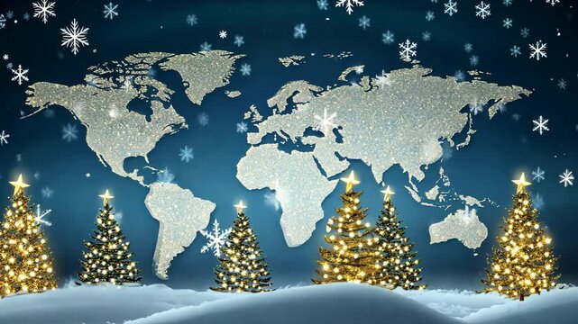 Vibrant holiday landscape featuring glittering world map and decorated Christmas trees against a snowy backdrop