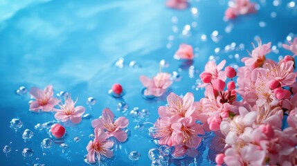 pink cherry blossoms floating on blue water