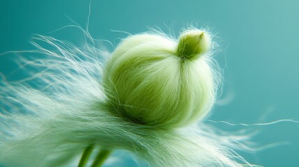 A close-up image of a fluffy, round green seed pod with delicate filaments, This captivating photo can be utilized in nature-themed projects, gardening blogs