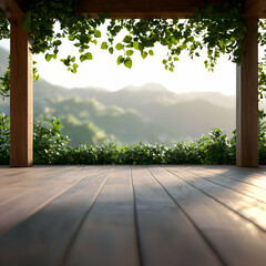 Wooden Deck with Mountain View and Lush Greenery