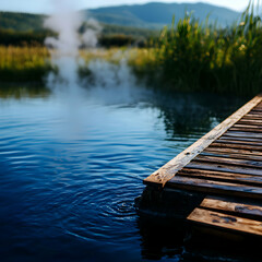 Wooden Dock Extending Over Calm Blue Water With Mountain Background