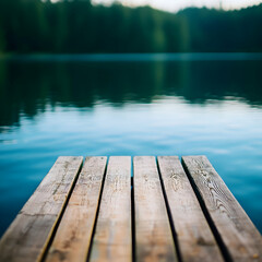 Fototapeta premium Wooden Dock Extending Over Calm Blue Lake
