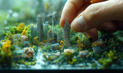 Fototapeta premium Hands making a miniature model of a cityscape with wind turbines, green energy.
