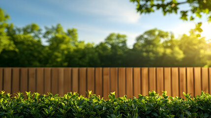 Fototapeta premium Wooden Fence and Green Hedge in a Sunny Garden
