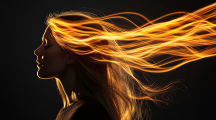Naklejka premium A side-profile photograph of a person gazing at a radiant, golden energy flowing behind them