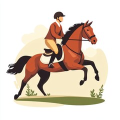 Horse and rider in a field with vector horse riding flat design icon on white background