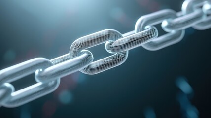 Close-up of a metal chain link under spotlight. Represents strength, connection, and durability in technology.