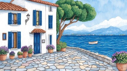Fototapeta premium Mediterranean coastal scene, whitewashed house with blue shutters, stone pathway, flowering plants, pine tree, calm blue sea, distant mountains