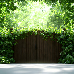 Fototapeta premium Wooden Gate Overgrown with Green Ivy in a Sunlit Garden