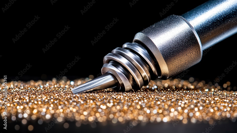 Poster close up view of a metallic tool with a pointed tip resting on a bed of golden glittering particles 