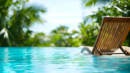 Fototapeta premium Wooden Lounger by a Vibrant Blue Pool Surrounded by Lush Tropical Greenery