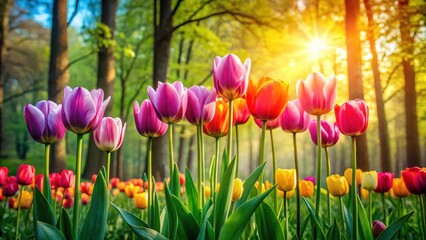 Obraz premium Row of vibrant spring tulips standing tall in a lush green field with dappled sunlight filtering through the trees