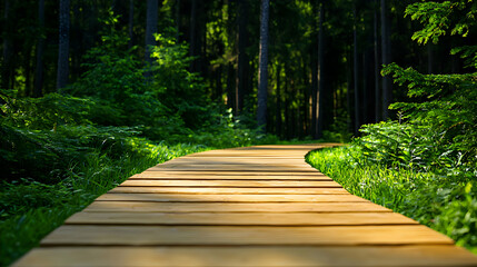 Obraz premium Wooden Path Through a Sunlit Green Forest