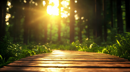 Wooden Path Through a Sunlit Forest
