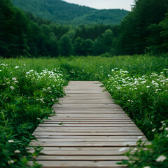Fototapeta premium Wooden Path Through a Flowery Meadow