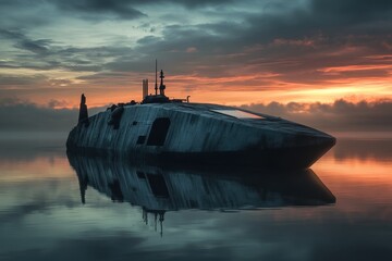 Abandoned submarine rests quietly on calm waters at sunset with dramatic sky