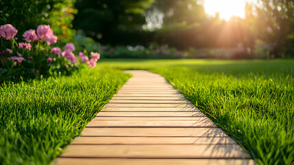 Obraz premium Wooden Path Through Lush Green Garden with Pink Flowers at Sunset