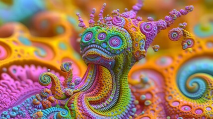 Fototapeta premium Vibrant multicolored abstract creature with intricate details, resembling a fractal pattern. Organic shapes and textures dominate the image, creating