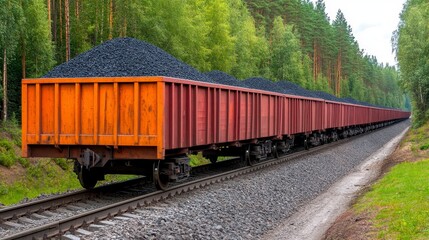 Obraz premium A long train, filled with a dark load, travels along a railway track cutting through a forest. The orange train cars contrast the surrounding vibrant