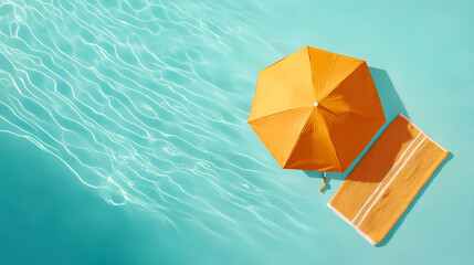 Yellow Beach Umbrella and Towel on a Turquoise Pool