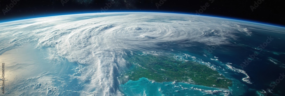 Poster Hurricane swirling over land with clouds and ocean in the background at sunset view from space. Generative AI