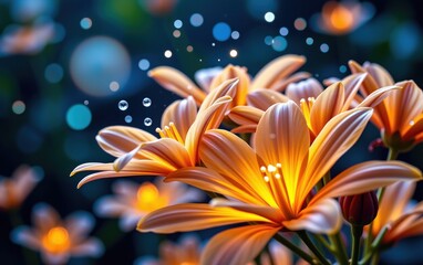 Fototapeta premium A stunning close-up of vibrant, glowing flowers in full bloom, illuminated with soft golden light.