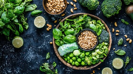 Vibrant Green Vegetables Nuts and Citrus on Dark Background