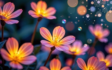 Fototapeta premium A stunning close-up of vibrant, glowing flowers in full bloom, illuminated with soft golden light.