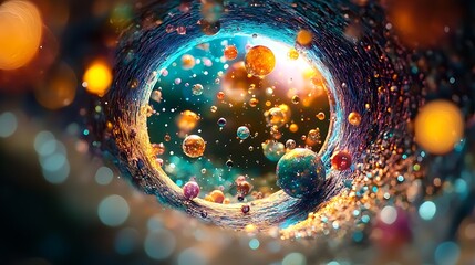 Colorful spheres swirling in cosmic vortex, bokeh background, abstract art