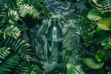 reusable water bottle surrounded by clean, flowing water and green plants, World Water Day