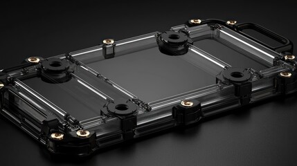 Transparent protective phone case, angled studio shot, dark background