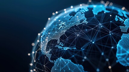 Digital earth network showing global connectivity and data exchange over continents at night.