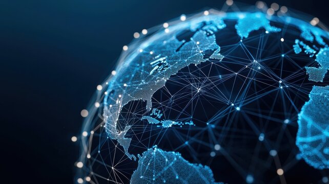 Digital earth network showing global connectivity and data exchange over continents at night.