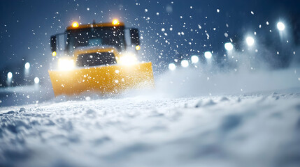 Yellow Snow Plow Clearing Road at Night