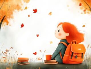 Fototapeta premium A cheerful girl with red hair sits against a backdrop of autumn leaves and books, enjoying her warm drink, This image is perfect for themes of education, fall, childhood, and leisure activities,