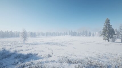 Fototapeta premium Snowy winter landscape, frosted trees, serene, vast plain