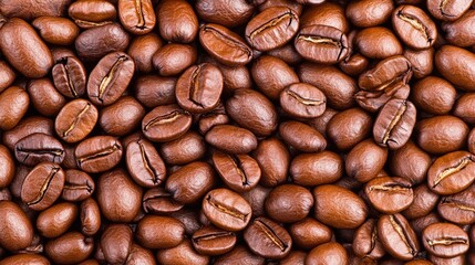 Obraz premium A close-up of roasted coffee beans showcases their rich, dark hues and glossy surfaces, perfect for coffee-related content, culinary blogs, or advertising in cafes and restaurants,