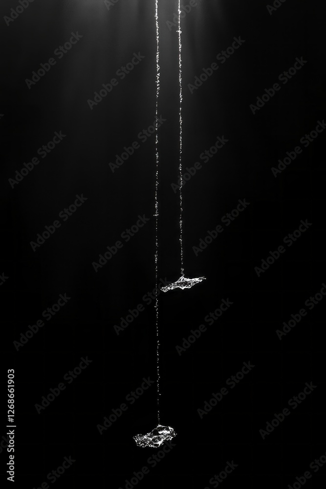 Poster Strings hang gracefully in a dimly lit environment, casting delicate shadows and shimmering reflections